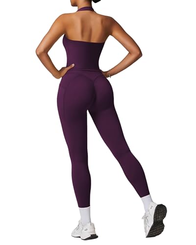 RXRXCOCO Open Back Workout Sets for Women 2 Piece Halter Tank Tops Hidden Scrunch Leggings Matching Set with Pockets Dark Purple Medium