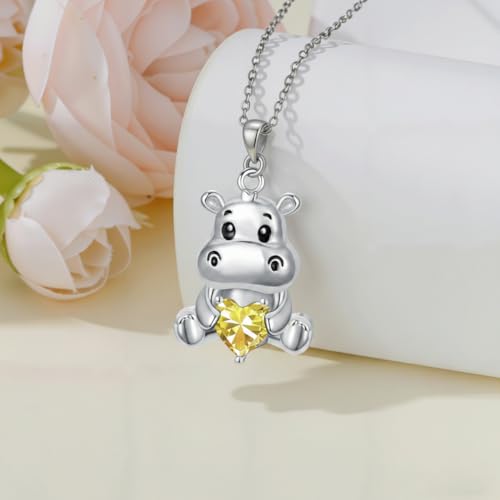 Image of PROESS Animal Birthstone Necklace 925 Sterling Silver Otter /Axolotl /Hippo /Elephant /Dachshund /Monkey /Red Panda Pendant Necklace Animal Birthstone Jewelry Gifts for Women