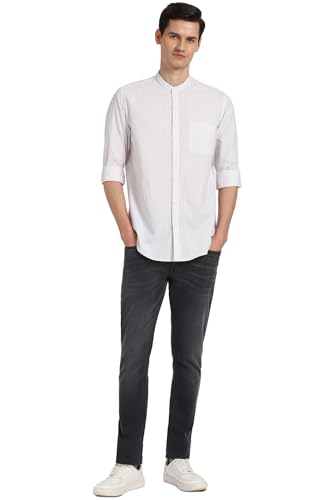 Image of Peter England Men's Casual Mandarin Collar Slim fit Full Sleeve Shirt in 100% Cotton Seersucker with Striped Design