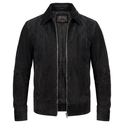 Image of Mens Polo Collar Zipper Suede Shirts Long Sleeve Shacket Suede Trucker Jacket Real Suede Leather Shirt