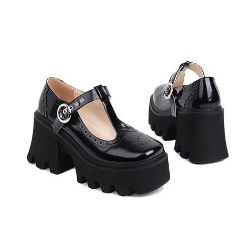 Women's Retro Wingtip T Strap Lug Sole Platform Mary Janes Shoes Fashion Round Toe Adjustable Buckle Chunky Heel Pumps Increase Height Lolita Oxfords Dress Shoes - Main Image