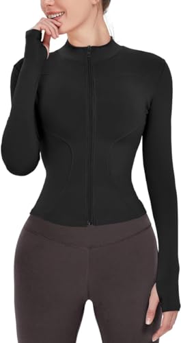 Women's Athletic Full Zip Lightweight Workout Jacket with Yoga Cropped Running Gym Track Athletic Jacket with Thumb Holes (AU, Alpha, Medium, Regular, Regular, Black)