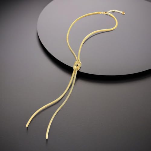 COOLSTEELANDBEYOND Gold Color Knot Lariat Necklace, Y-chain Necklace Drop Tassels, Statement Layering, Snake Chain3