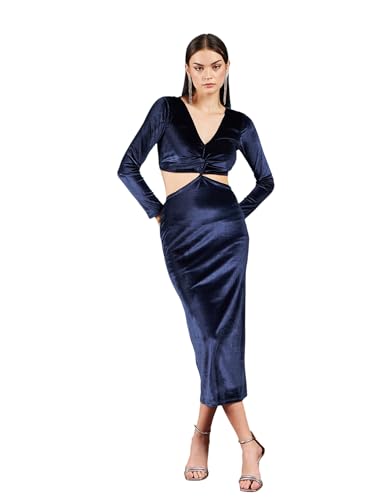 Image of SASSAFRAS Navy Velvet Waist Cut Out Maxi Dress