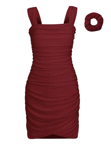 EXARUS Girls Ruched Bodycon Dress with Built in Bra Teen Mesh Front Wrap Hem Tween Party Dance Tight Mini Pencil Dresses