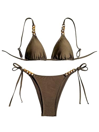 MakeMeChic Women's Bikini Sets Triangle Backless Tie Side Chain Ruched Bathing Suit