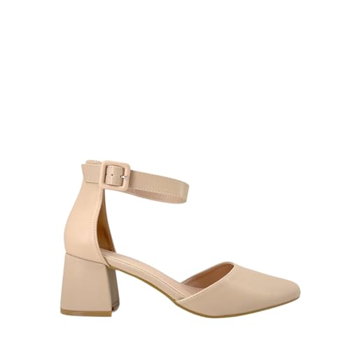 MODELISA - Zapatos De Tacón Ancho Con Hebilla De Tobillo Acabado En Punta Boda Fiesta Mujer (Nude, Sistema tallas calzado EU, Adulto, Mujer, Números, mediano, 41)