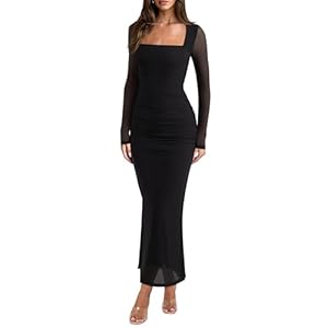 REORIA Long Sleeve Wedding Guest Maxi Dresses for Women Sheer Mesh Square Neck Ruched Bodycon Long Dress 2025 Fall Outfits