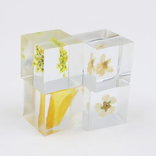 POFET 10 Stück Briefbeschwerer aus Kunstharz mit Blumenmotiv der Frühherbst-Gelb-Serie für den Schreibtisch, mit echter geprägter Mustertischdekoration, durchsichtiger quadratischer Briefbeschwerer