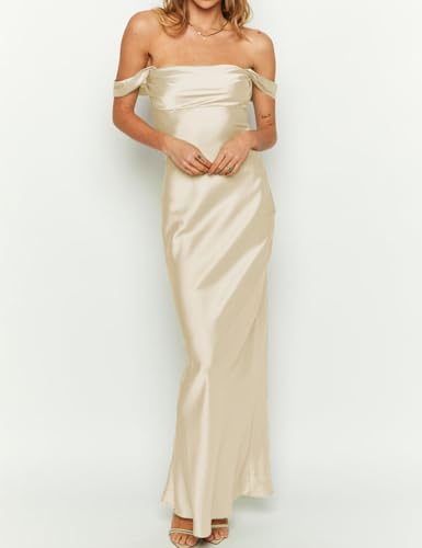Image of Realtix Satin Off The Shoulder Strapless Bridesmaid Maxi Dress for Women | Elegant,Ruched,Backless,Long,Tube,Sleeveless,Bridesmaid,Wedding Guest,Evening,Cocktail Party,Semi Formal,Garden Party