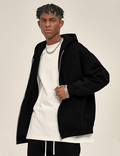 Flygo Mens Zip Up Hoodies Oversized Fleece Long Sleeve Drop Shoulder Hooded Sweatshirt Trendy Vintage Streetwear2