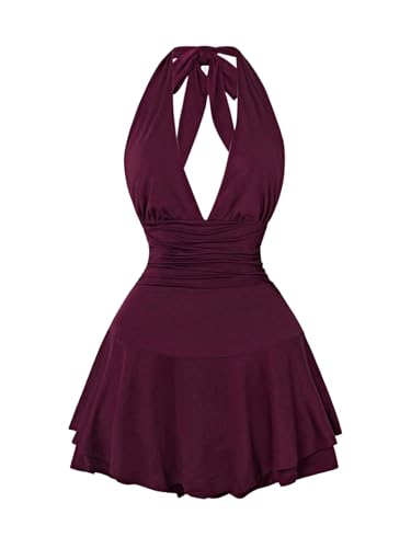 Women's Y2k Halter Dress Sexy Ruched Tie Backless Tiered Layer Mini Dresses Deep V Neck Club Party A Line Short Dress