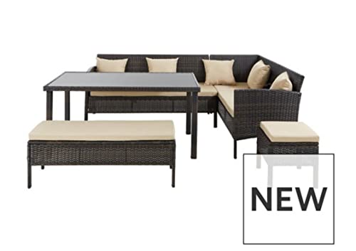 Image of DEVOKO 5-Piece Outdoor Patio Furniture Dining Set All-Weather Wicker Conversation Set with Ottoman, (Dark Brown & Cream)