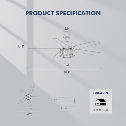 Image of 52 Inch Ceiling Fans with Lights and Remote Control, Low Profile Farmhouse Ceiling Fan for Bedroom Living Room and Patio, Black Caged Ceiling Fan for Indoor and Outdoor(NO BULBS)