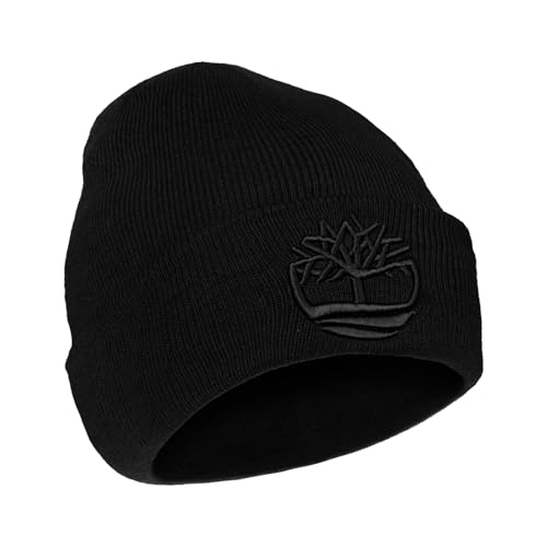 Timberland Mens Tonal 3D Embroidery Beanie Soft Knit Winter Hat Raised Logo Warm Stretch Fit for Cold Weather Wear Black One Size