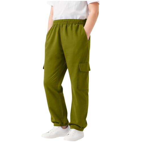 Boys Fleece Lined Straight Leg Cargo Sweatpants Warm Winter Elastic Waist Athletic Track Pants with Pockets for 5-14 Years