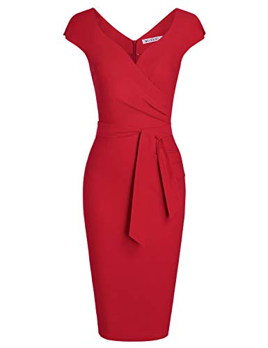 Muxxn Women's Lady Classic V Neck Short Sleeve Midi Wear To Work Bodycon Pencil Dress Red Xxl #TOP7
