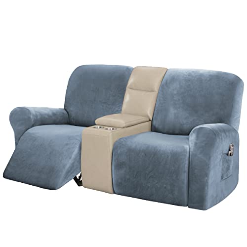Velvet Recliner Loveseat Cover Stretch Reclining Couch Covers For 2 Cushion Reclining Sofa Slipcovers Furniture Covers Washable Furniture Protector With Side Pocket For Pets,Kids, Stone Blue #TOP24