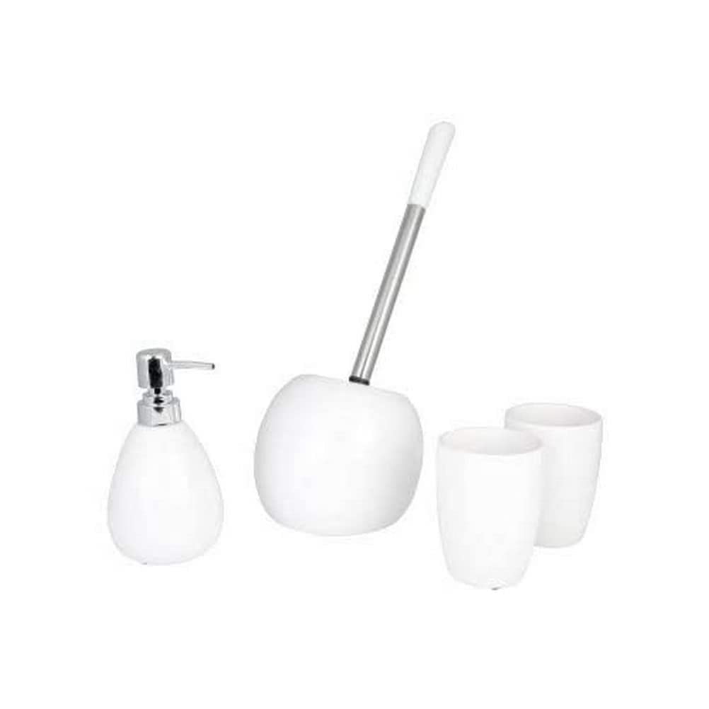 axentia Set da Bagno da 4 Pezzi in Ceramica Pisa, Set Accessori Bagno Composto da 2 Bicchieri portaspazzolino, Dispenser Sapone e scopino, Bianco
