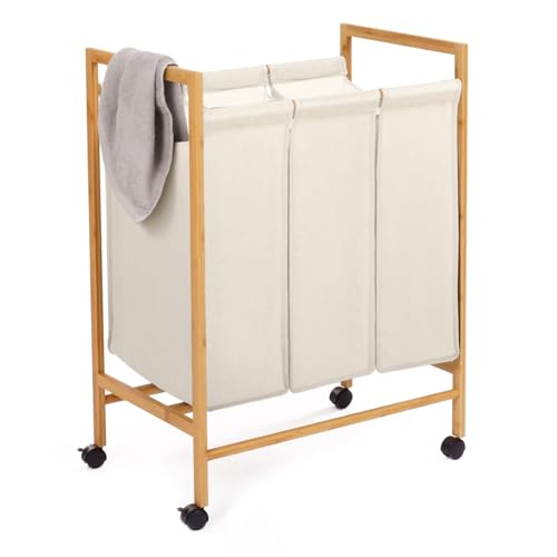 IDMarket - Panier à Linge 3 Compartiments Bambou Rita Tissu écru avec roulettes