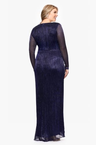 Image of Betsy & Adam Women's Plus Size Long Sheer Sleeve V-Neck Galaxy Side Ruffle Long Dress, NAV /Roy, 18W