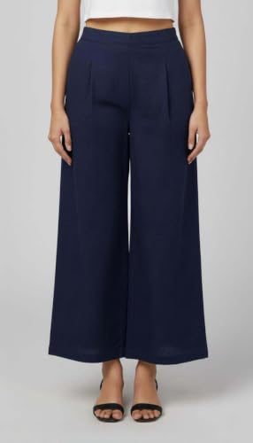 Image of GRECIILOOKS Linen Ankle Length Casual Trousers for Women | Regular Fit Linen Pants with Elastic Closure | Summer Loose Fit Daily Outfit Pants for Women