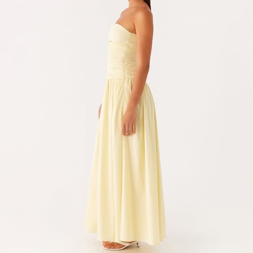 Image of Women Tube Top Maxi Dress Summer Strapless Backless Bodycon Long Bandeau Dress Elegant Off Shoulder A Line Dresses
