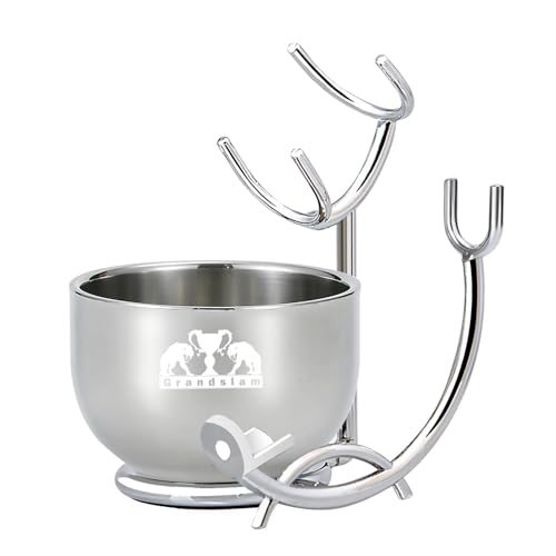 Grandslam Razor & Brush Stand with Double Stainless Steel Bowl Set for Shave Soap, Safety & Straight Razors, Silver