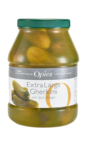 Opies Extra Large Gherkins 2.3kg Juicy and crunchy pickles in spirit vinegar a tangy-sweet snack sensation. Ideal for a burger sandwich savoury bites buffets and beyond.