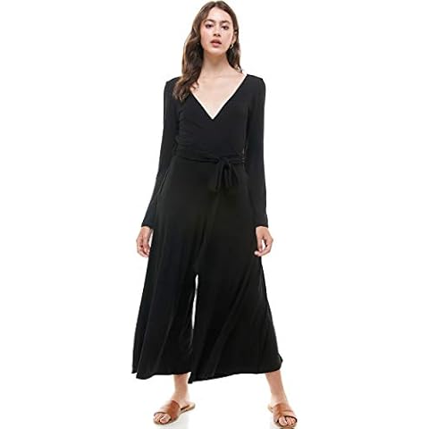 Loving People Women's Solid Long Sleeve V Neck Tie Wrap Capri Jumpsuit with Pockets, Small, Black Cover