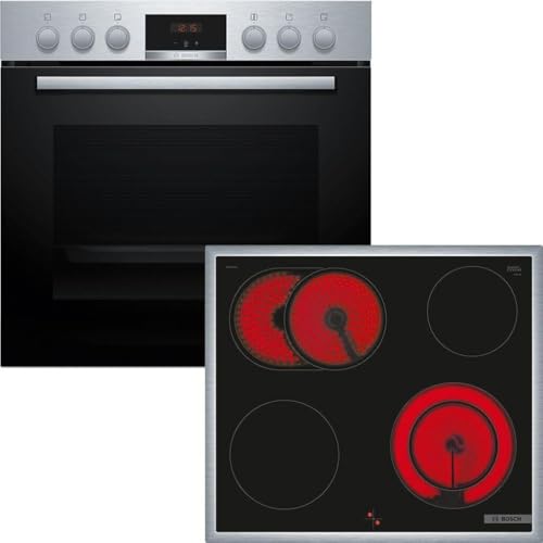 Bosch HND411LR63 Série 4 Cuisinière encastrable 60 cm avec air chaud 3D HEA513BR3, série 4 plaque de cuisson électrique 60 cm avec cadre, cuisinière, fabriquée en Allemagne, zone de cuisson NKN645GA2E