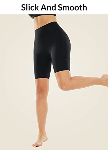 baleaf Sweatleaf Women's Light Compression Biker Shorts 8" High Waisted Yoga Gym Spandex Shorts Side Pockets3