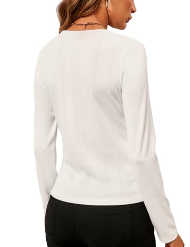 ZAFUL Suéter feminino de manga comprida e gola V com botões, caimento justo, básico, casual, Branco,
