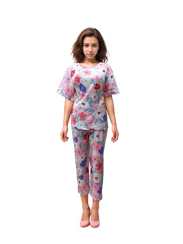 Image of Women's Cotton Round Neck Printed Night Suit - Cozy and Stylish Multicolor Pajamas with Multiprint and Multi-Design Options