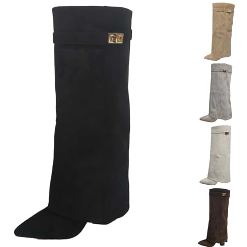 Generisch Bottes hautes pour femme - Bottes à tige large - Talon plateforme - Talon compensé - Tige longue - Pliage au-dessus du genou - Talons hauts - Hiver - Chaud -...