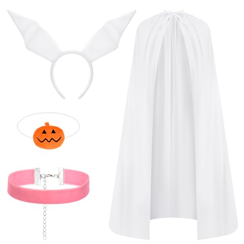 Halloween Ghost Dog Costume for Women with White Cape Ear Headband Pink Collar & Pumpkin Nose Ideal for Halloween Parties Cosplay Role Play