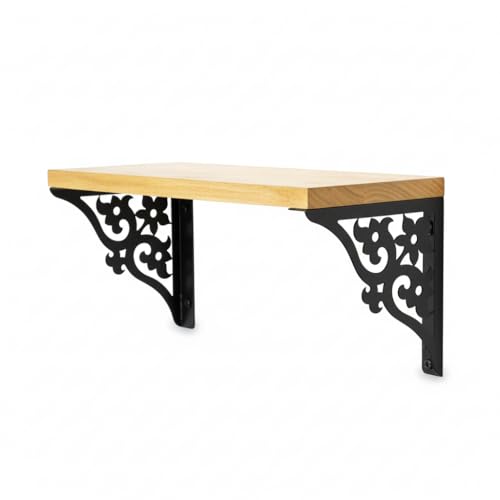 Image of Wall Shelf with Wooden Top Black|White Iron Brackets Storage Rack|Industrial Wall-Mounted Floating Shelf for Living Room,Kitchen,Bathroom (Black Triple Floral Small)