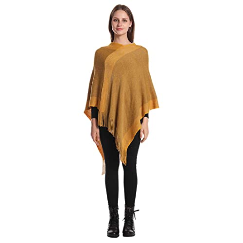 Image of Women's Elegant Knitted Shawl Poncho with Fringed V-Neck Striped Sweater Pullover Cape Gifts for Women Mom