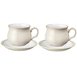 Denby – Linen Cream Tea Cup and Saucer Set of 2-200ml Stoneware Coffee Tea Mug and Saucer Set – Dishwasher Safe, Microwave Safe