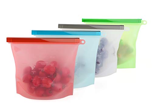 Nuovoware [4PZS] Bolsas Reutilizables para Almacenamiento Multicolores, Bolsas de Silicona de Grado Alimenticio a Prueba de Fugas para Almacenar 4 x 1000ML u0096 Verde + Claro + Rojo + Azul