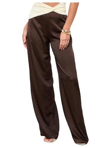WDIRARA Women's Satin Pants Elastic Waist Wide Leg Pants Loose Trousers Brown Small