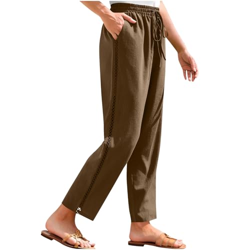 Womens Casual Pants Summer Lightweight Relax Fit Wide Leg Pant Elastic Waist Solid Lounge Beach Trousers with Pocket Brown