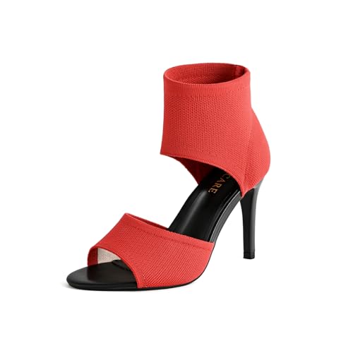 Image of Peep Toe Heels for Women Sexy 3 Inches Stiletto Heeled Sandals for Women Open Toe Wide Stretchy Knit Heel Sandal Booties Slip On Comfortable Dressy Shoes for Prom, Party and Work