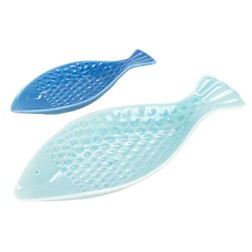 Set di 2 piatti pesci blu in ceramica, tema mare, altezza 30 cm (grande)
