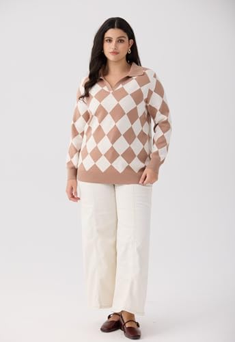 Image of CARCOS Plus Size Sweaters for Women Long Sleeve Pullover Sweaters Lapel Collared Vneck Knit Jumper Tops Fall Winter XL-5XL
