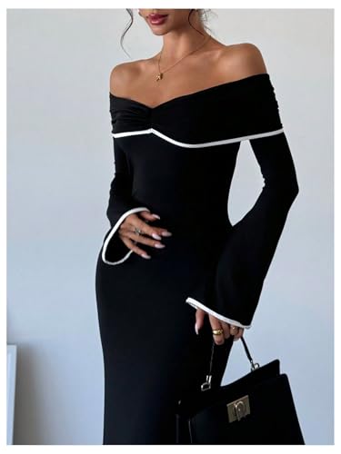 GORGLITTER Women's Off The Shoulder Bell Sleeve Bodycon Maxi Dress Birthday Cocktail Dinner Fishtail Long Dress3