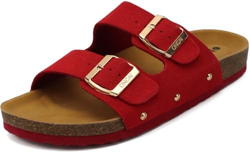 ONCAI Sandalen Damen Kork-Fußbett Pantoletten Damen Flach Rutschfest Sommer Badelatschen Mit Verstellbarer Rieme Größe 36-43