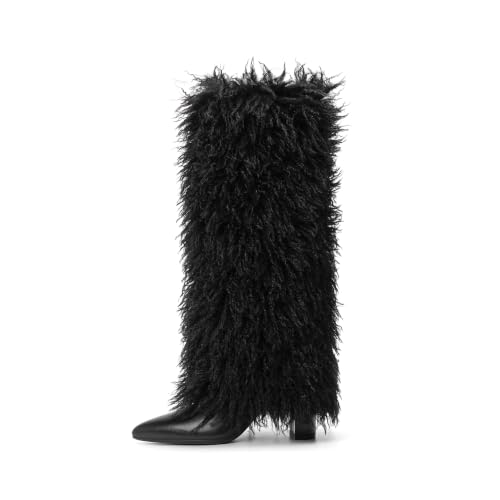 Image of Knee High Boots Women Fold Over Boots Chunky Heel Pointed Toe Tall Boots | Fashion Slouchy Boots,Side Zipper Shark Boots,Fall Spring Winter Fashion Dress Tall Boots,Evening Bridal office Long Boots