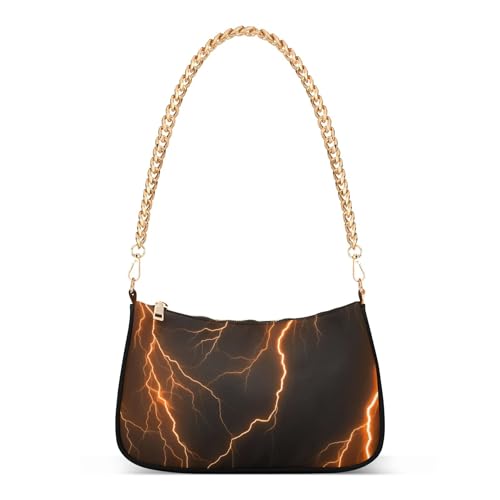 Zipper One Shoulder Purses Glowing Orange Lightning Bolts Dark Medium Handbag Tote Trendy Womens Retro Formal Purse Hobo with Chain Strap
