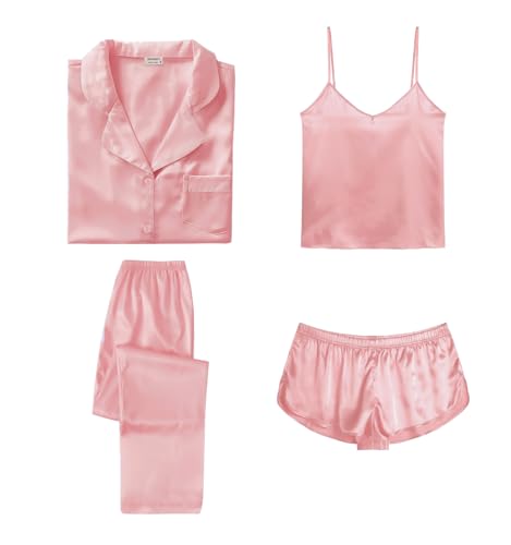 Image of SWOMOG Womens Silk Satin Pajamas Sets 4pcs Sleepwear Sexy Cami Shorts Set and Button Down Short Sleeve Pjs Loungewear